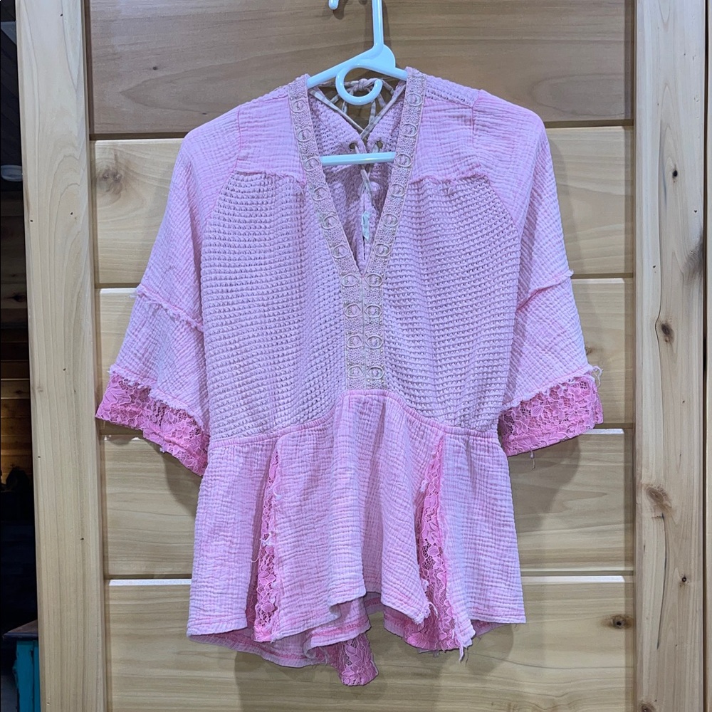 POL Pink Waffle Knit Blouse with Lace Trim